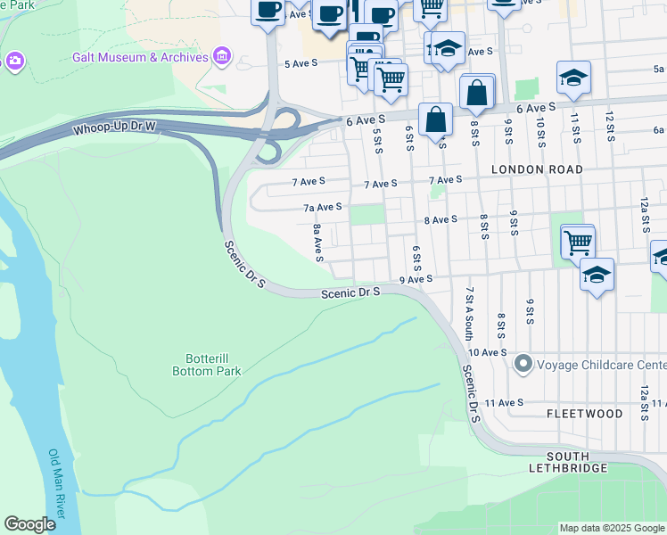 map of restaurants, bars, coffee shops, grocery stores, and more near 909 Scenic Drive South in Lethbridge