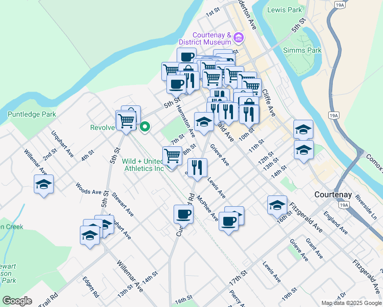 map of restaurants, bars, coffee shops, grocery stores, and more near 720 8th Street in Courtenay