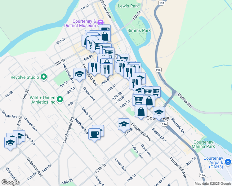 map of restaurants, bars, coffee shops, grocery stores, and more near 1155 England Avenue in Courtenay