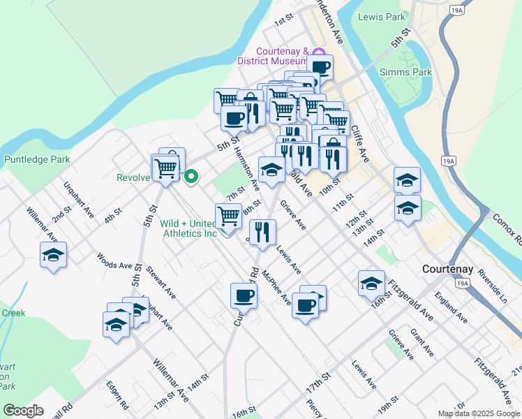 map of restaurants, bars, coffee shops, grocery stores, and more near 825 Harmston Avenue in Courtenay