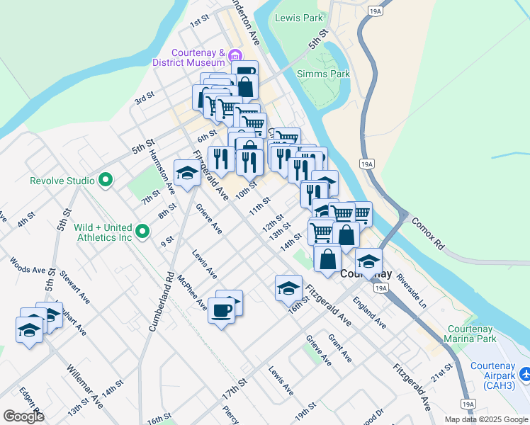 map of restaurants, bars, coffee shops, grocery stores, and more near 432 11th Street in Courtenay