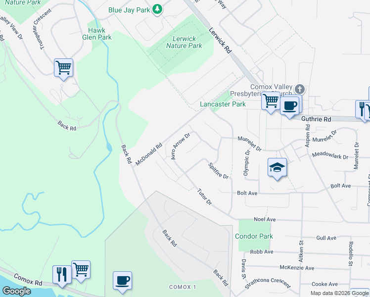 map of restaurants, bars, coffee shops, grocery stores, and more near 2462 Canuck Place in Comox