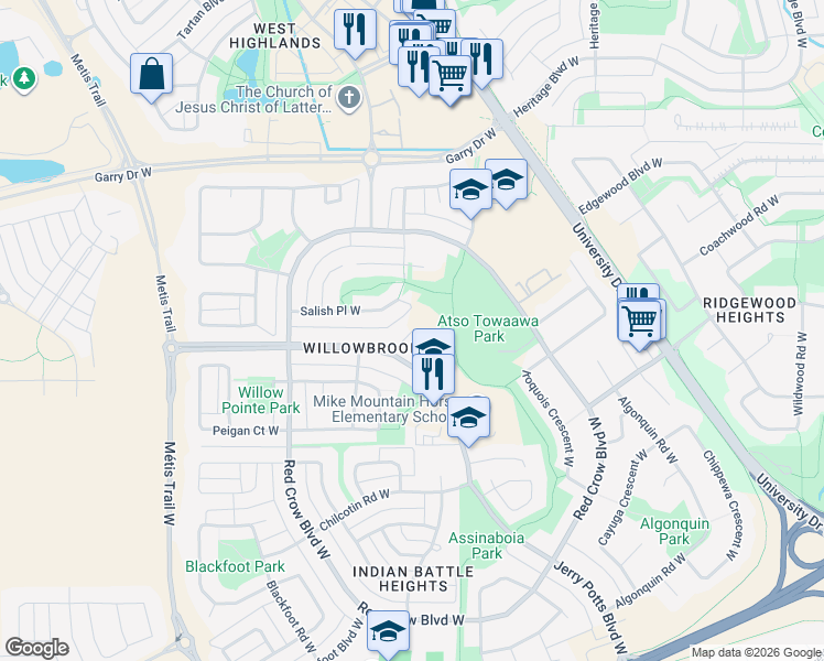 map of restaurants, bars, coffee shops, grocery stores, and more near 30 Niska Place West in Lethbridge