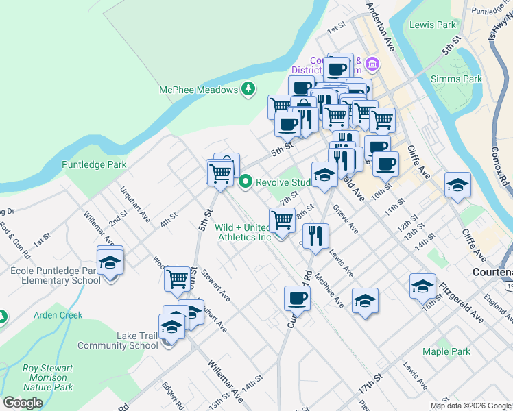 map of restaurants, bars, coffee shops, grocery stores, and more near 649 McPhee Avenue in Courtenay