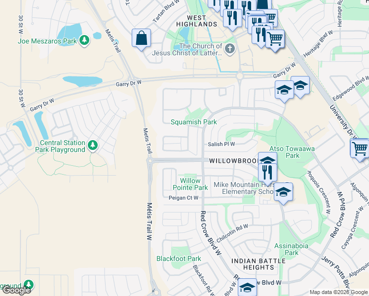 map of restaurants, bars, coffee shops, grocery stores, and more near 446 Squamish Lane West in Lethbridge