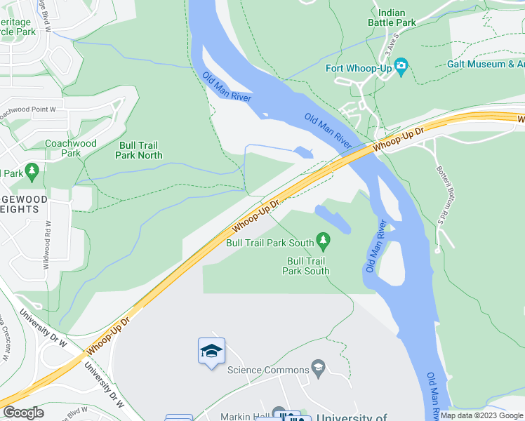 map of restaurants, bars, coffee shops, grocery stores, and more near Whoop-Up Drive in Lethbridge