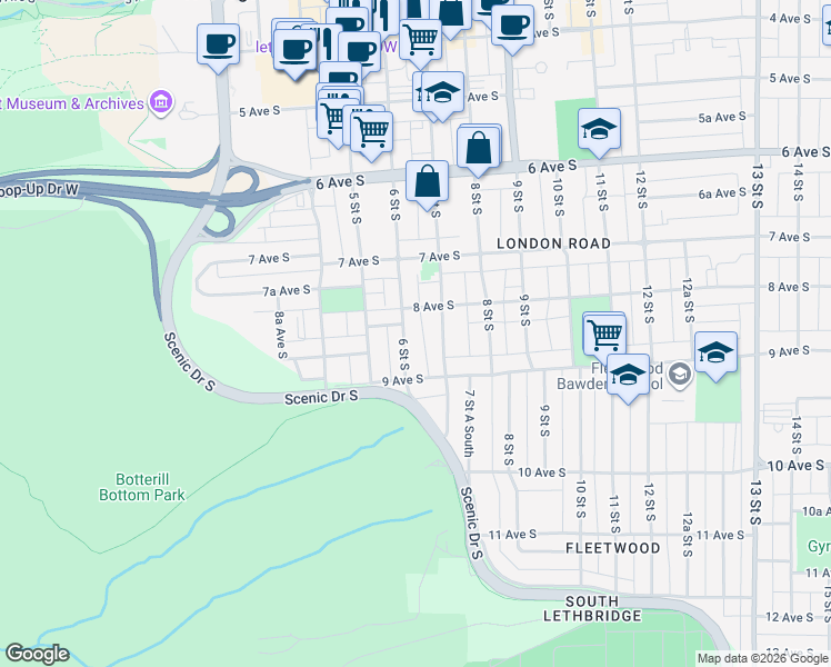 map of restaurants, bars, coffee shops, grocery stores, and more near 813 6 Street South in Lethbridge