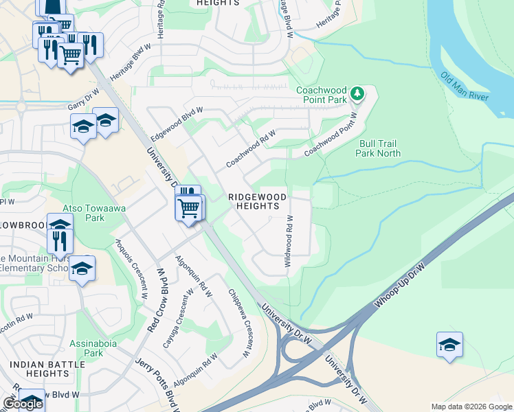 map of restaurants, bars, coffee shops, grocery stores, and more near 34 Ridgewood Boulevard West in Lethbridge