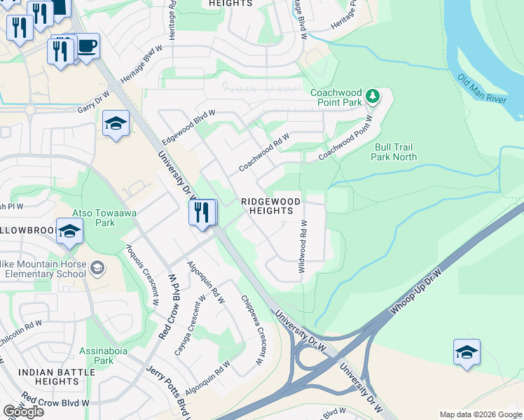 map of restaurants, bars, coffee shops, grocery stores, and more near 34 Ridgewood Boulevard West in Lethbridge