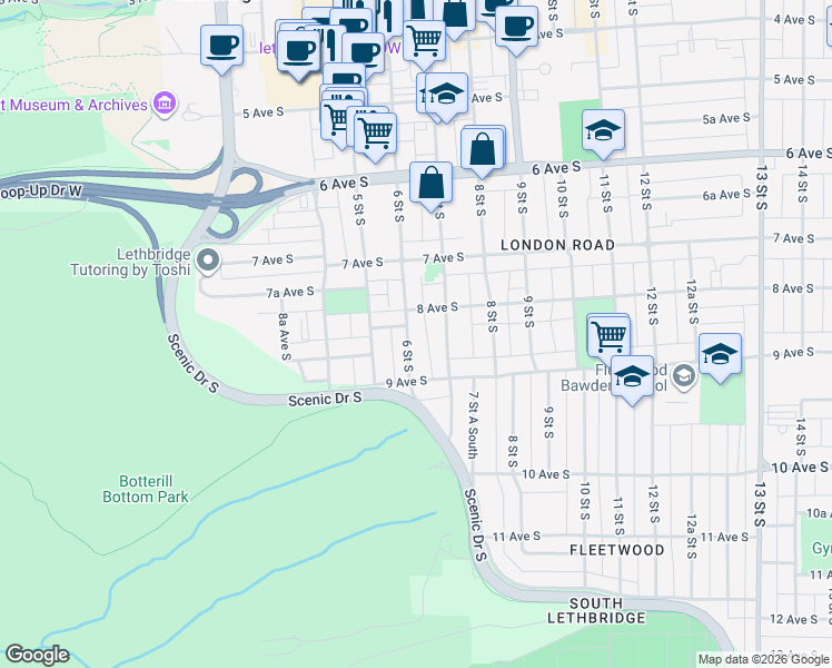 map of restaurants, bars, coffee shops, grocery stores, and more near 813 6 Street South in Lethbridge