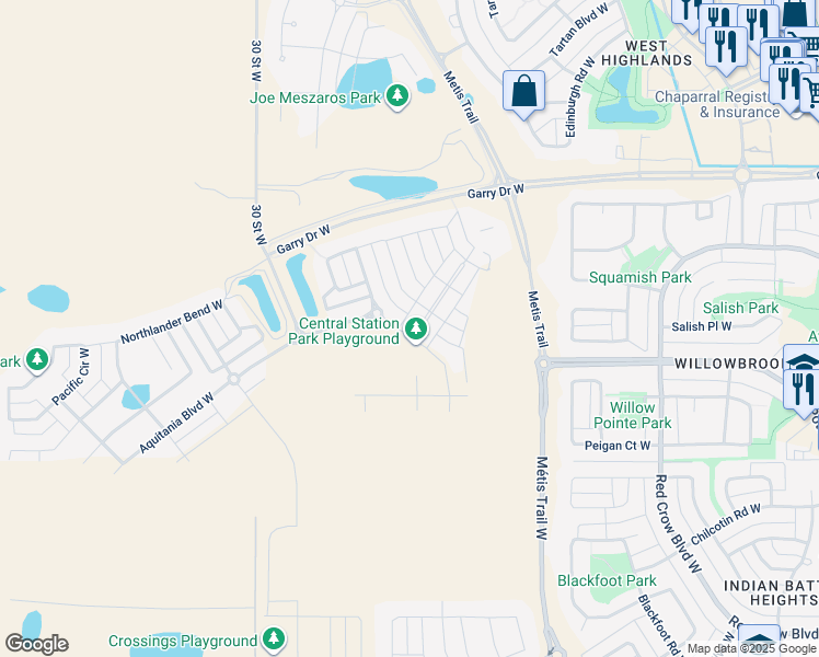 map of restaurants, bars, coffee shops, grocery stores, and more near 132 Cabot Landing West in Lethbridge