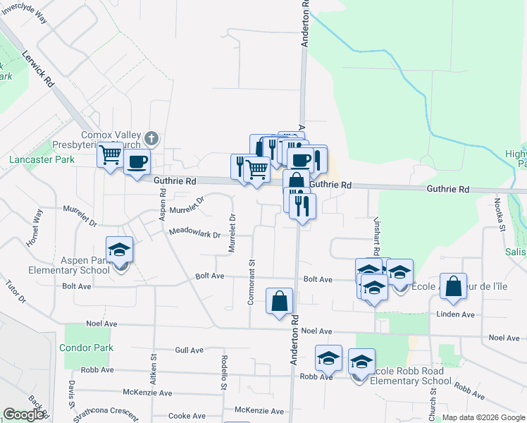 map of restaurants, bars, coffee shops, grocery stores, and more near 677 Bunting Place in Comox