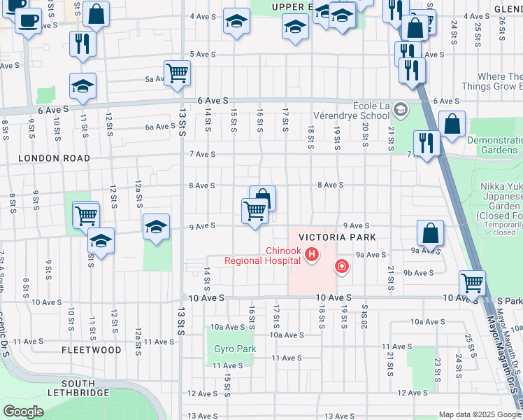 map of restaurants, bars, coffee shops, grocery stores, and more near 822 16 Street South in Lethbridge