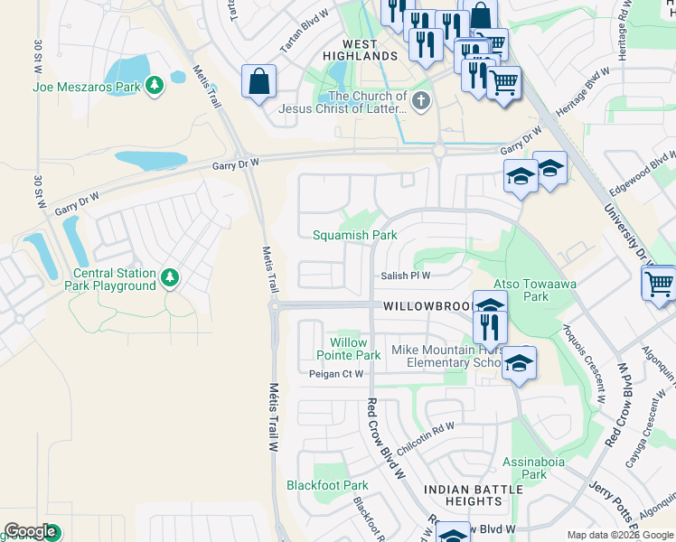 map of restaurants, bars, coffee shops, grocery stores, and more near 430 Squamish Lane West in Lethbridge