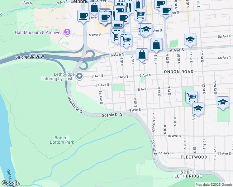 map of restaurants, bars, coffee shops, grocery stores, and more near 727 4 Street South in Lethbridge
