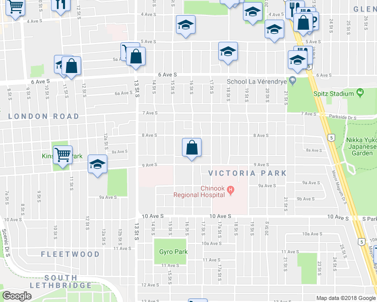 map of restaurants, bars, coffee shops, grocery stores, and more near 822 16 Street South in Lethbridge