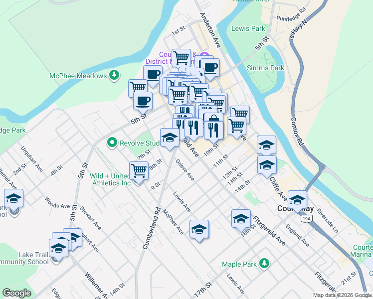 map of restaurants, bars, coffee shops, grocery stores, and more near 949 Fitzgerald Avenue in Courtenay