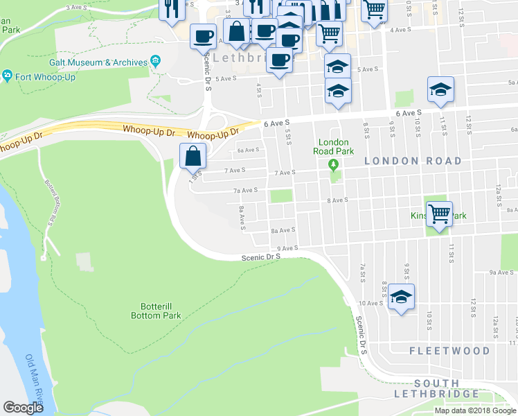 map of restaurants, bars, coffee shops, grocery stores, and more near 730 4 Street South in Lethbridge