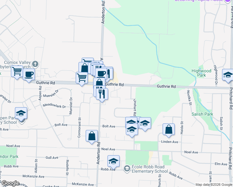 map of restaurants, bars, coffee shops, grocery stores, and more near in Comox