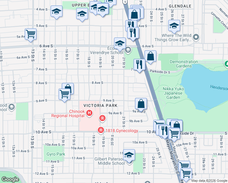 map of restaurants, bars, coffee shops, grocery stores, and more near 821 20 Street South in Lethbridge