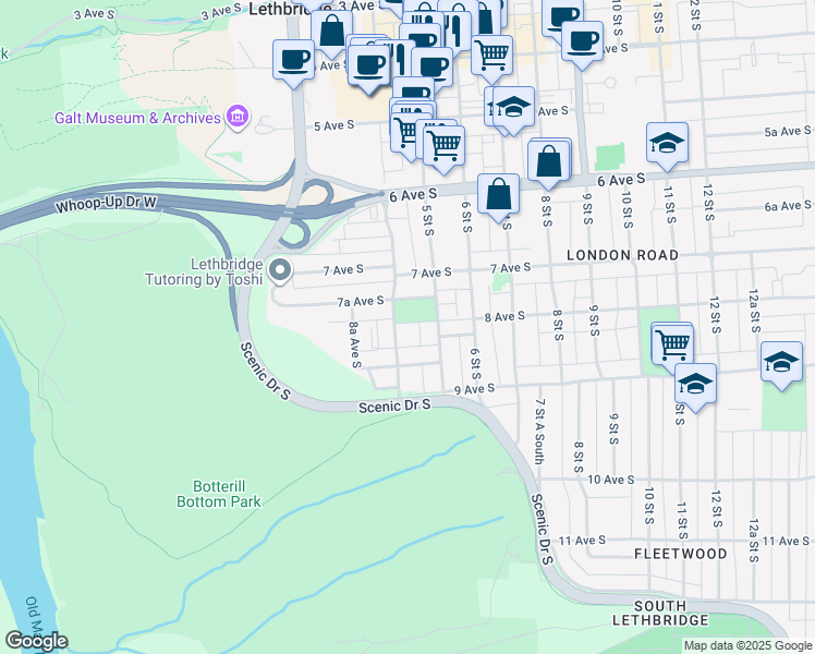 map of restaurants, bars, coffee shops, grocery stores, and more near 727 4 Street South in Lethbridge