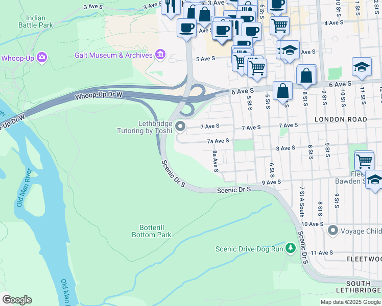 map of restaurants, bars, coffee shops, grocery stores, and more near 112 7 Avenue South in Lethbridge