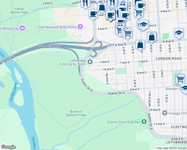 map of restaurants, bars, coffee shops, grocery stores, and more near 112 7 Avenue South in Lethbridge