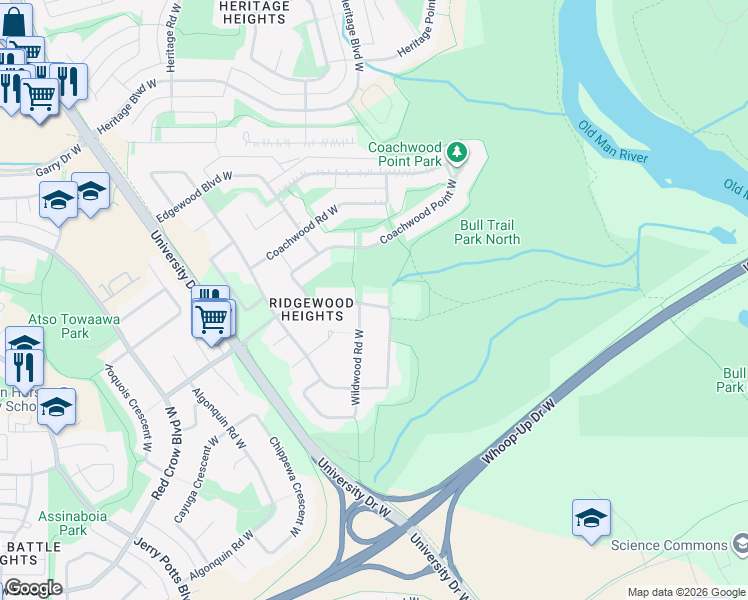 map of restaurants, bars, coffee shops, grocery stores, and more near 11 Ridgewood Crescent West in Lethbridge