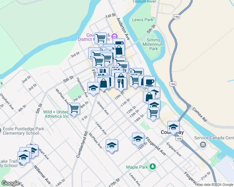 map of restaurants, bars, coffee shops, grocery stores, and more near in Courtenay