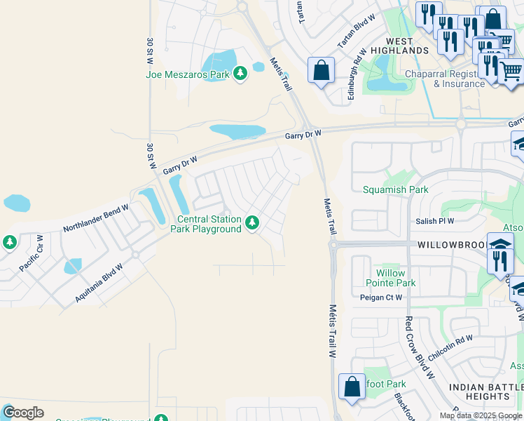 map of restaurants, bars, coffee shops, grocery stores, and more near Cabot Landing West in Lethbridge