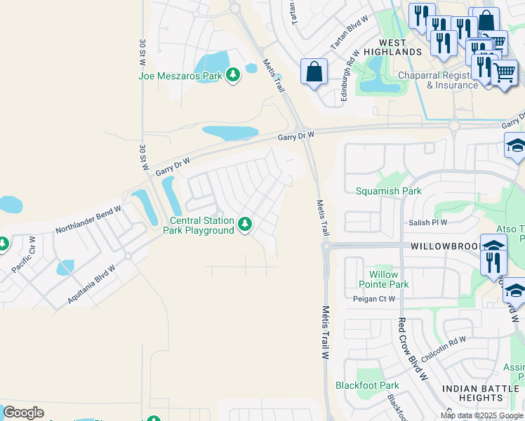 map of restaurants, bars, coffee shops, grocery stores, and more near 132 Cabot Landing West in Lethbridge
