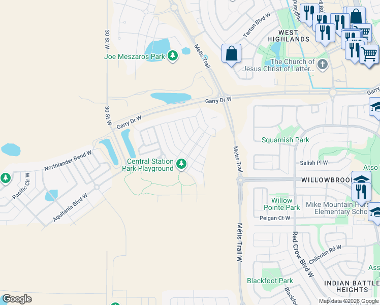 map of restaurants, bars, coffee shops, grocery stores, and more near 131 Cabot Landing West in Lethbridge