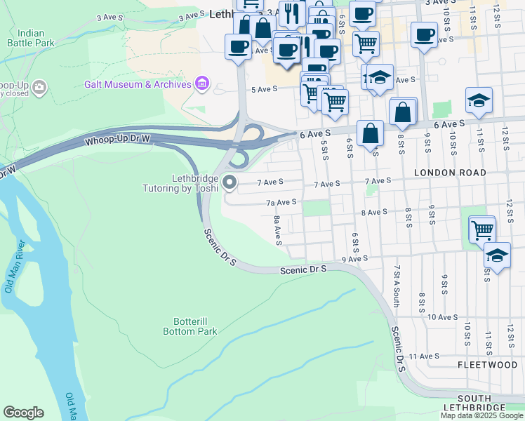 map of restaurants, bars, coffee shops, grocery stores, and more near 272 7A Avenue South in Lethbridge