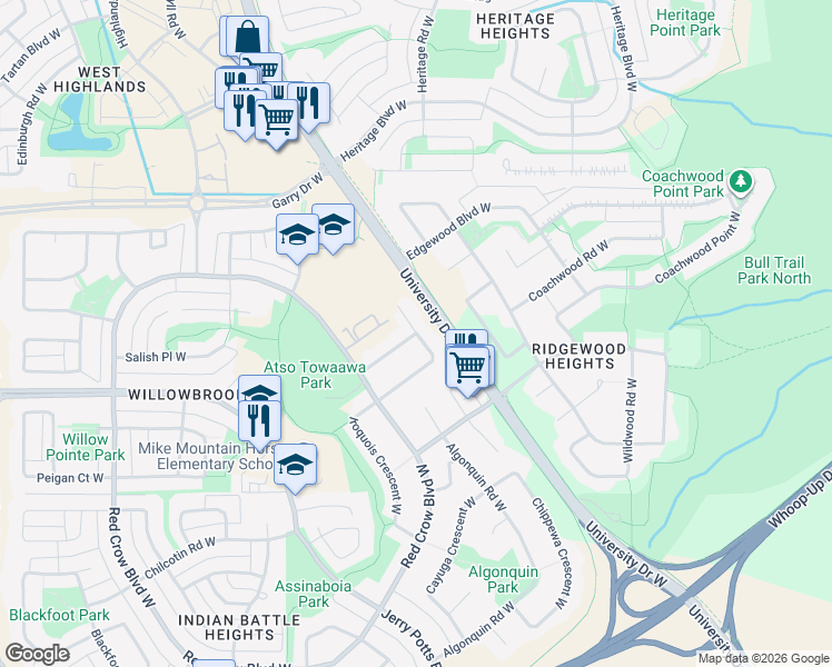 map of restaurants, bars, coffee shops, grocery stores, and more near Mohawk Road West in Lethbridge