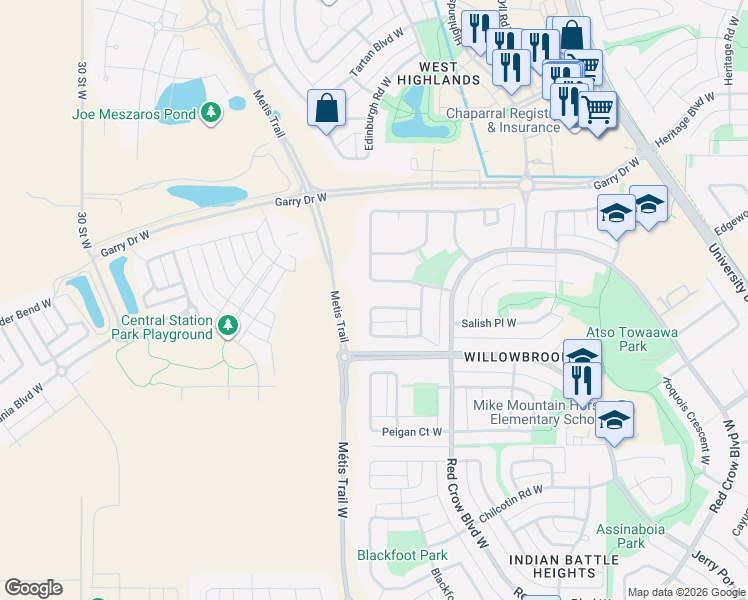 map of restaurants, bars, coffee shops, grocery stores, and more near 574 Squamish Lane West in Lethbridge