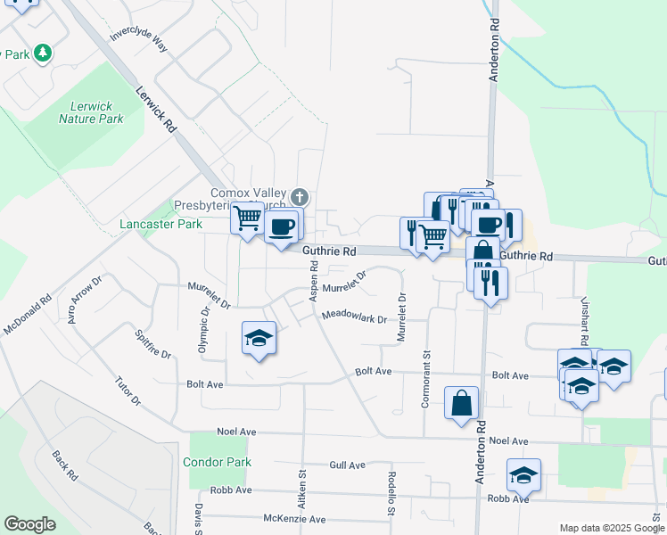 map of restaurants, bars, coffee shops, grocery stores, and more near 698 Aspen Road in Comox