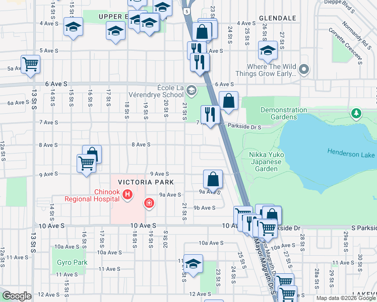 map of restaurants, bars, coffee shops, grocery stores, and more near 801 21 Street South in Lethbridge