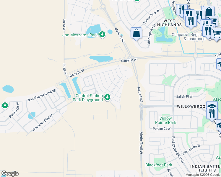 map of restaurants, bars, coffee shops, grocery stores, and more near 132 Cabot Landing West in Lethbridge
