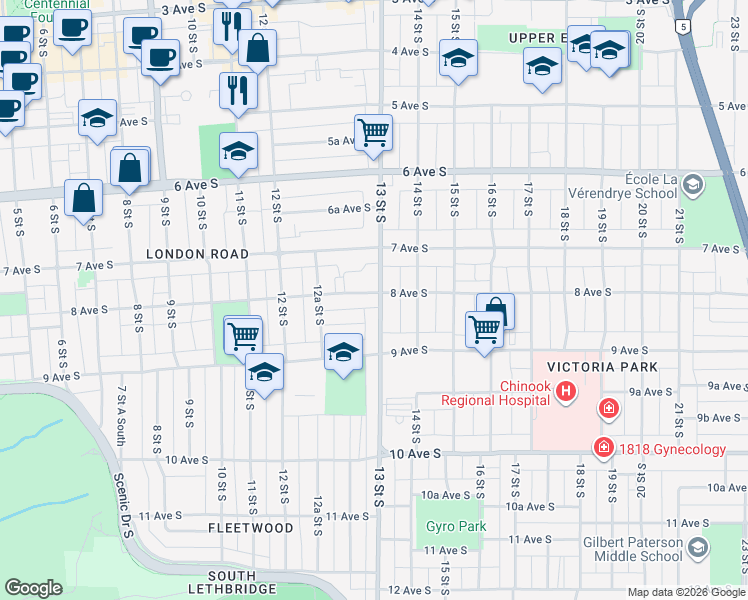 map of restaurants, bars, coffee shops, grocery stores, and more near 1272 8 Avenue South in Lethbridge