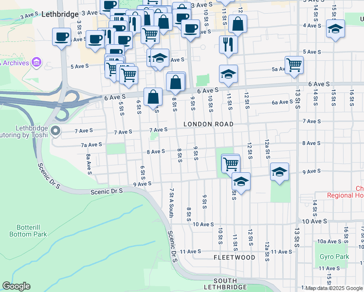 map of restaurants, bars, coffee shops, grocery stores, and more near 727 8 Street South in Lethbridge