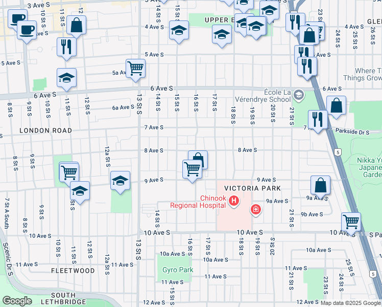 map of restaurants, bars, coffee shops, grocery stores, and more near 822 16 Street South in Lethbridge