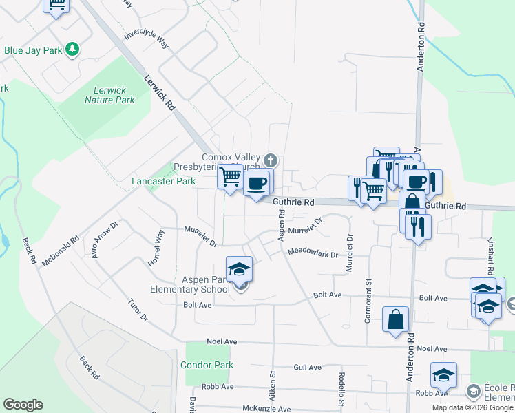 map of restaurants, bars, coffee shops, grocery stores, and more near 2225 Guthrie Road in Comox