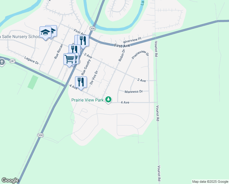 map of restaurants, bars, coffee shops, grocery stores, and more near 7 Prairieview Drive in La Salle