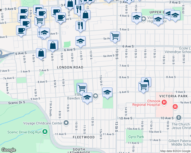 map of restaurants, bars, coffee shops, grocery stores, and more near 1207 8 Avenue South in Lethbridge
