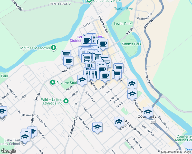map of restaurants, bars, coffee shops, grocery stores, and more near 426 8th Street in Courtenay