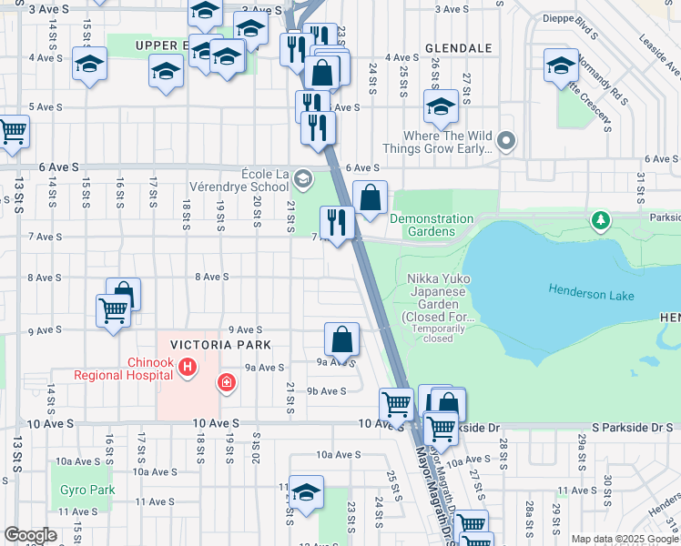 map of restaurants, bars, coffee shops, grocery stores, and more near 2207 8 Avenue South in Lethbridge