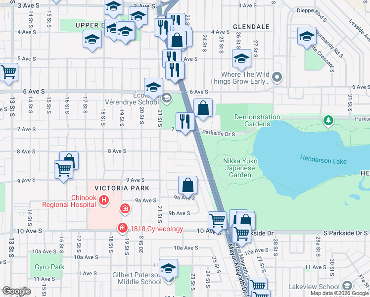 map of restaurants, bars, coffee shops, grocery stores, and more near 2207 8 Avenue South in Lethbridge