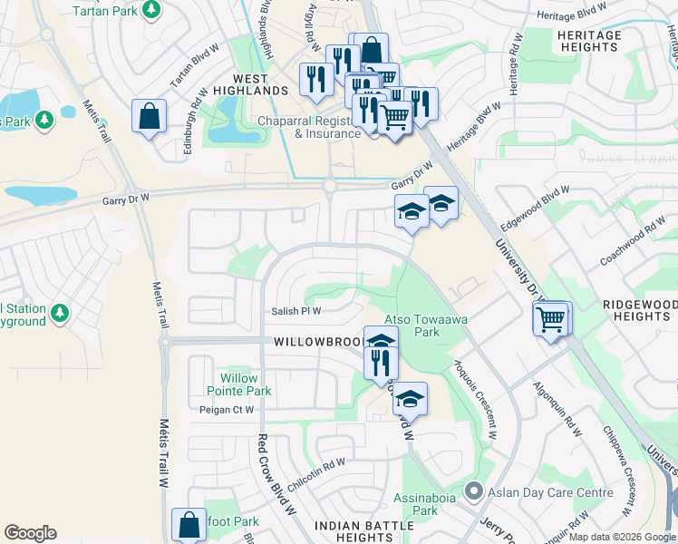 map of restaurants, bars, coffee shops, grocery stores, and more near Sarcee Place West in Lethbridge
