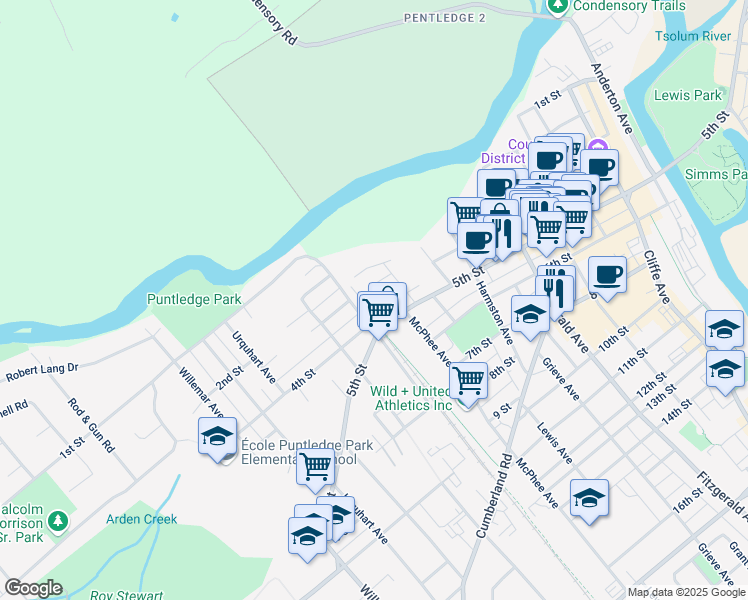map of restaurants, bars, coffee shops, grocery stores, and more near 851 5th Street in Courtenay