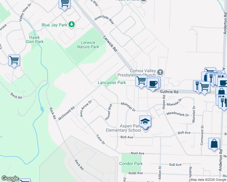 map of restaurants, bars, coffee shops, grocery stores, and more near 6 Lancaster Way in Comox